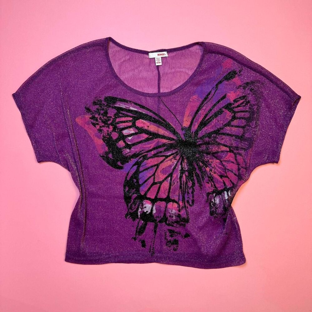 Y2K Bongo purple sheer mesh sparkle top with butterfly graphic🎀